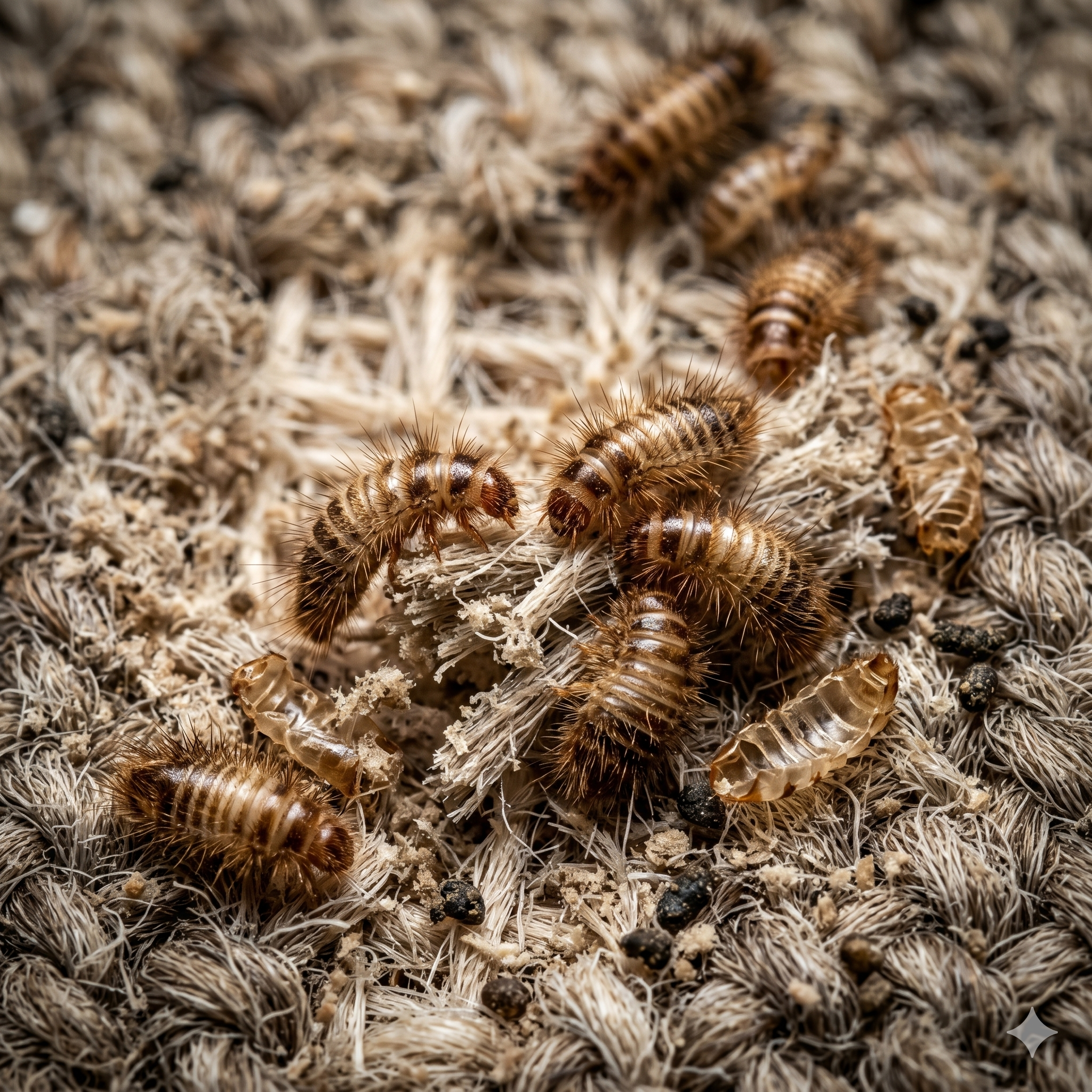 carpet beetle larvae damaging wool carpet fibres